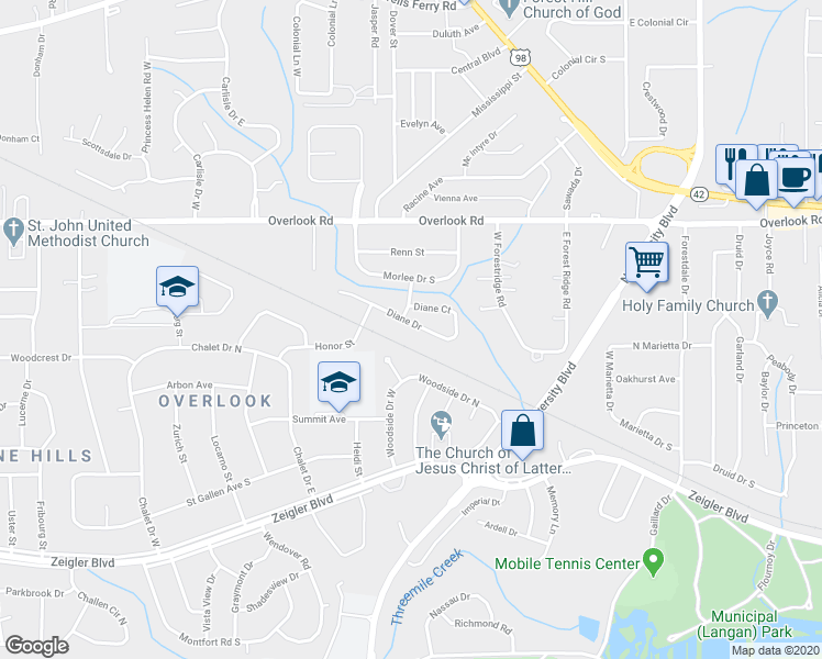 map of restaurants, bars, coffee shops, grocery stores, and more near 5615 Diane Drive in Mobile