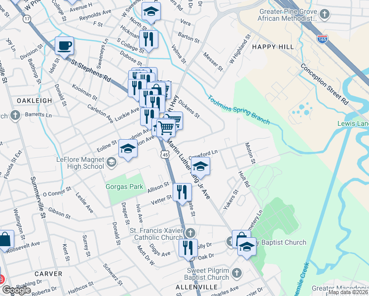 map of restaurants, bars, coffee shops, grocery stores, and more near 459 Crawford Ln in Mobile