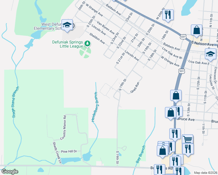 map of restaurants, bars, coffee shops, grocery stores, and more near 75 Seminole Drive in DeFuniak Springs