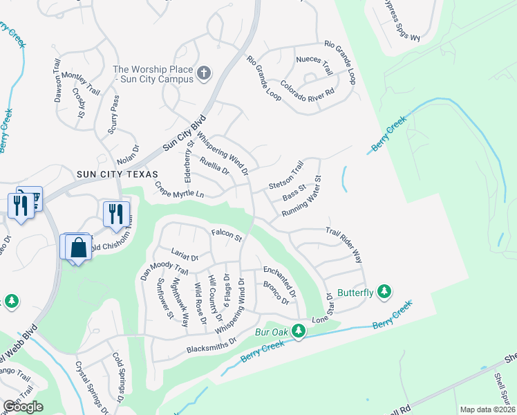 map of restaurants, bars, coffee shops, grocery stores, and more near 101 Trail Rider Way in Georgetown