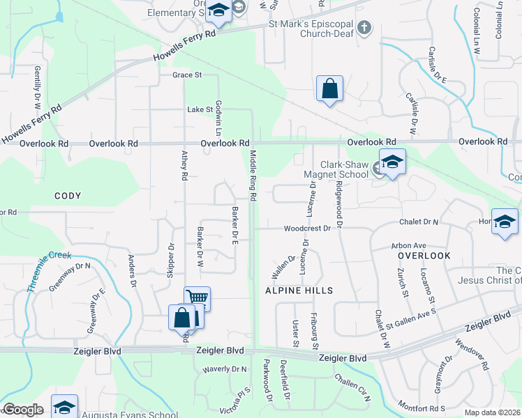 map of restaurants, bars, coffee shops, grocery stores, and more near 1316 Middle Ring Rd in Mobile