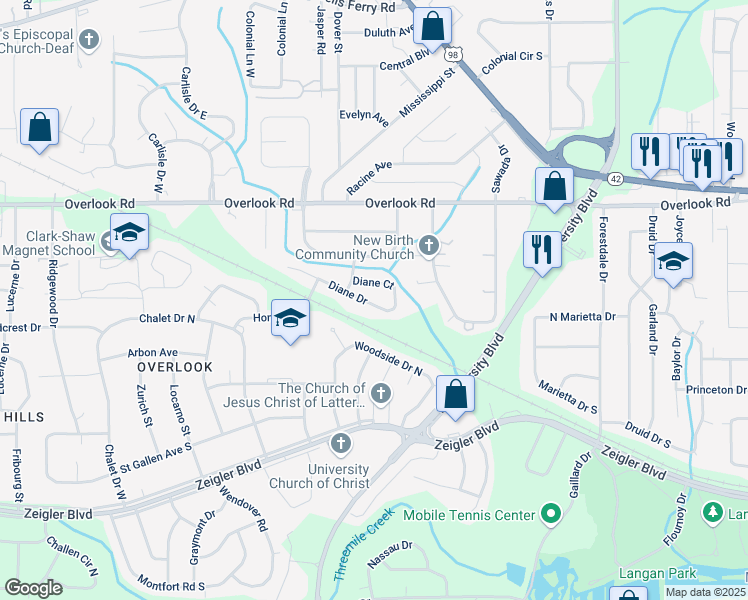 map of restaurants, bars, coffee shops, grocery stores, and more near 5608 Diane Drive in Mobile