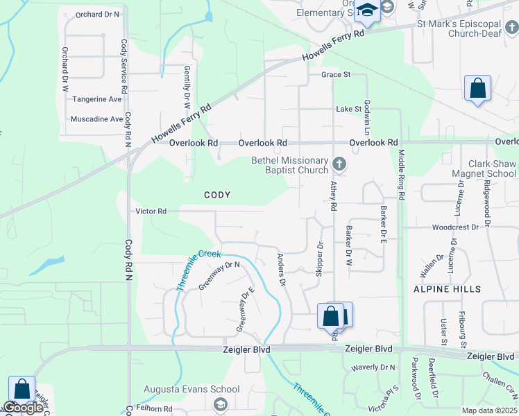 map of restaurants, bars, coffee shops, grocery stores, and more near 6752 Victor Road in Mobile