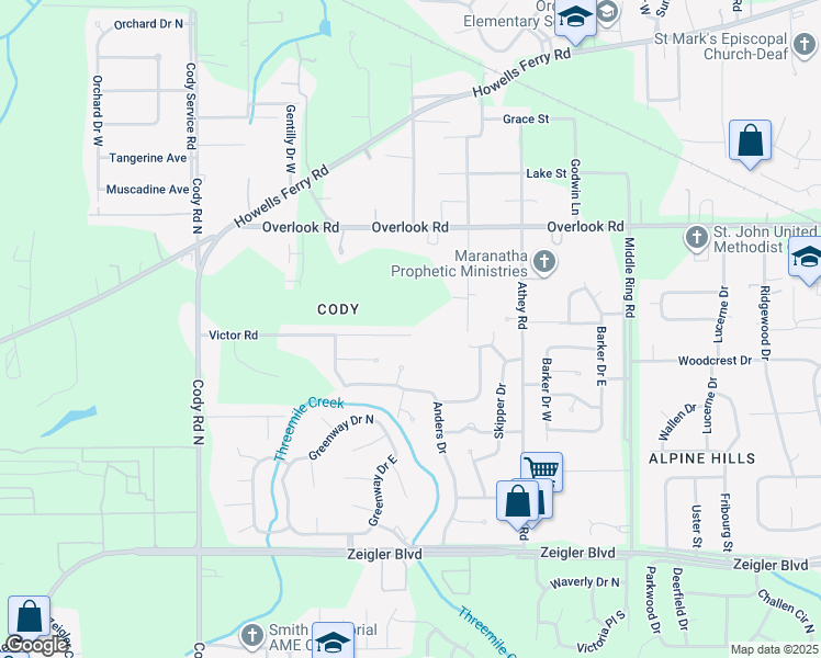 map of restaurants, bars, coffee shops, grocery stores, and more near 6750 Victor Road in Mobile