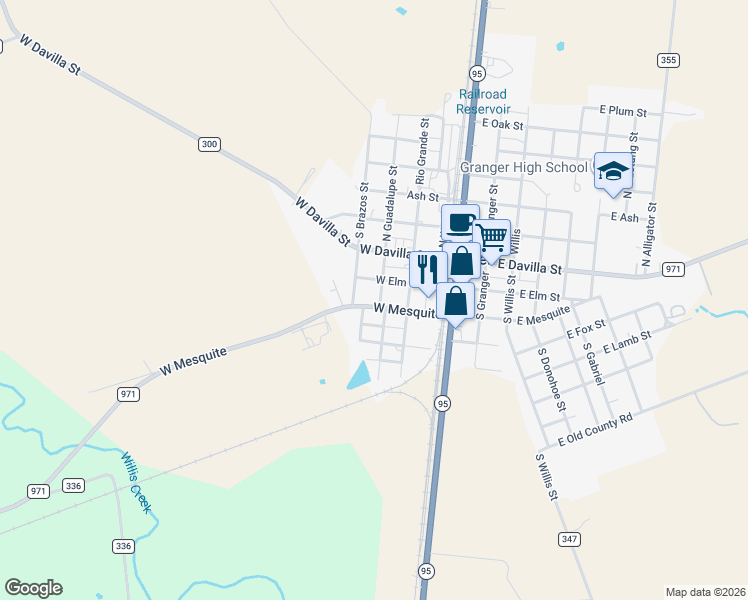 map of restaurants, bars, coffee shops, grocery stores, and more near 303 South Guadalupe Street in Granger