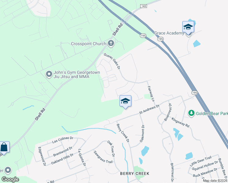 map of restaurants, bars, coffee shops, grocery stores, and more near 3610 Shell Road in Georgetown