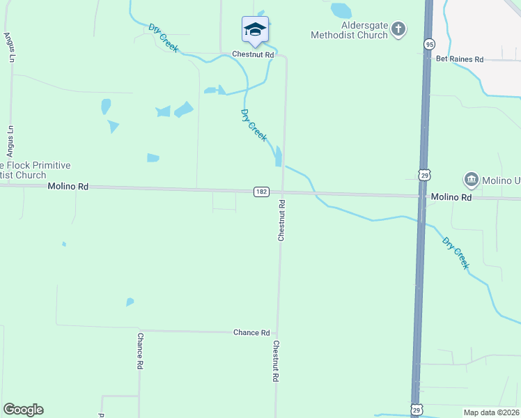map of restaurants, bars, coffee shops, grocery stores, and more near 6475 Chestnut Road in Molino