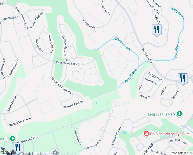 map of restaurants, bars, coffee shops, grocery stores, and more near 301 Tangle Ridge Lane in Georgetown