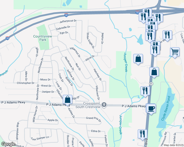 map of restaurants, bars, coffee shops, grocery stores, and more near 186 Villacrest Drive in Crestview