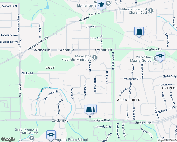 map of restaurants, bars, coffee shops, grocery stores, and more near 6551 Athey Court in Mobile