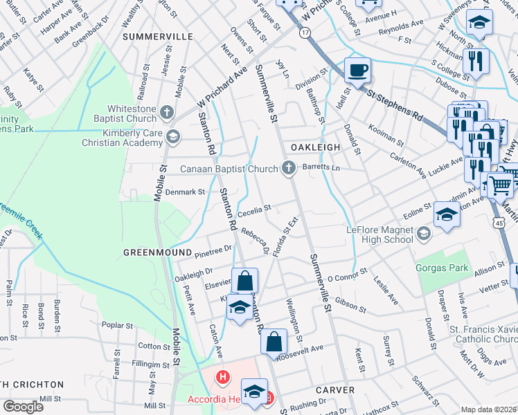 map of restaurants, bars, coffee shops, grocery stores, and more near 2206 Cecelia Street in Mobile