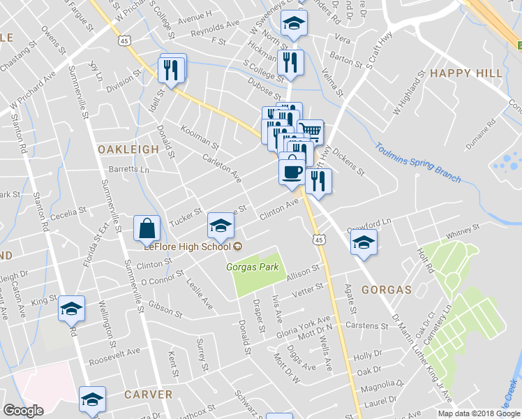 map of restaurants, bars, coffee shops, grocery stores, and more near 1865 Toulmin Avenue in Mobile