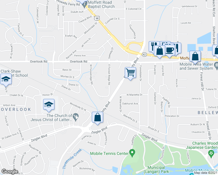 map of restaurants, bars, coffee shops, grocery stores, and more near 1405 East Forest Ridge Road in Mobile