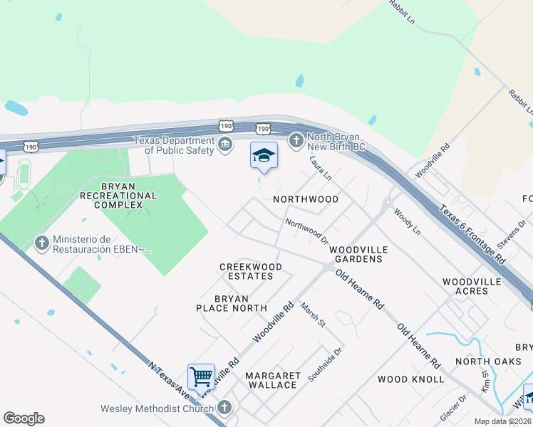 map of restaurants, bars, coffee shops, grocery stores, and more near 4614 Northwood Drive in Bryan
