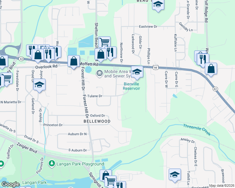 map of restaurants, bars, coffee shops, grocery stores, and more near 1300 Forest Cove Drive in Mobile