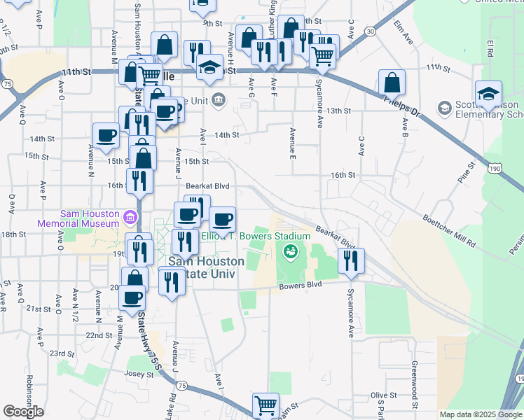 map of restaurants, bars, coffee shops, grocery stores, and more near Bear Kat Boulevard in Huntsville