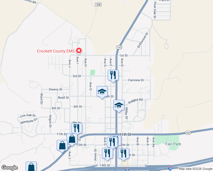 map of restaurants, bars, coffee shops, grocery stores, and more near 300-498 Ave G in Ozona