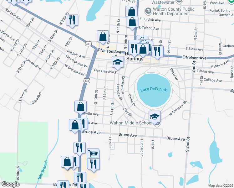 map of restaurants, bars, coffee shops, grocery stores, and more near 152 Leconte Street in DeFuniak Springs