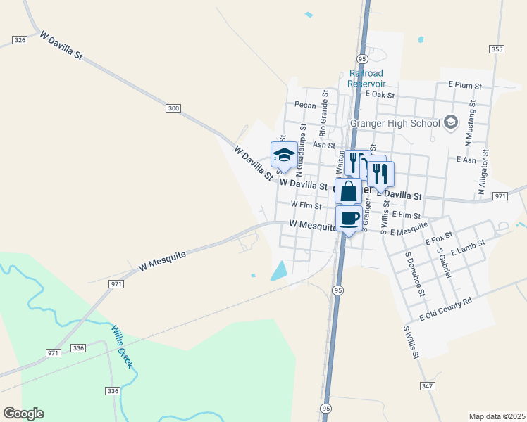 map of restaurants, bars, coffee shops, grocery stores, and more near Pecos Drive in Granger