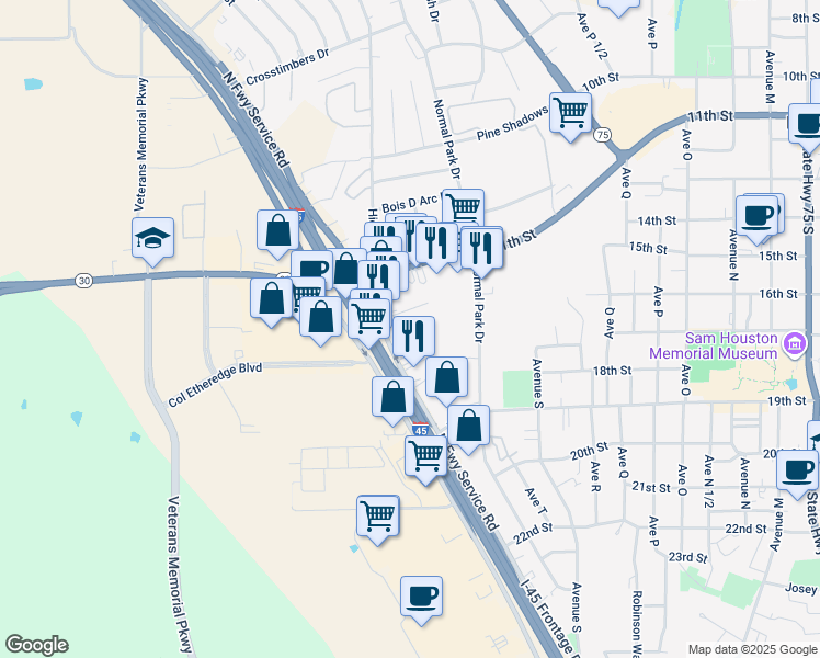 map of restaurants, bars, coffee shops, grocery stores, and more near Interstate 45 in Huntsville