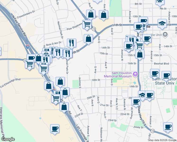 map of restaurants, bars, coffee shops, grocery stores, and more near 1608 Avenue R in Huntsville
