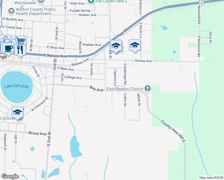 map of restaurants, bars, coffee shops, grocery stores, and more near Bay Avenue in DeFuniak Springs