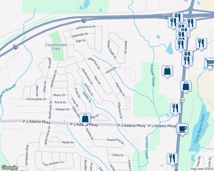 map of restaurants, bars, coffee shops, grocery stores, and more near 173 Villacrest Drive in Crestview