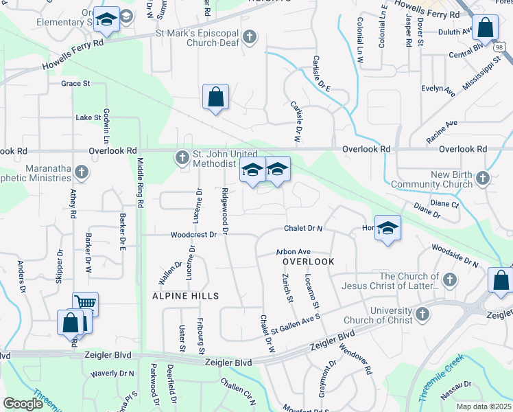 map of restaurants, bars, coffee shops, grocery stores, and more near 5960 Arlberg Street in Mobile