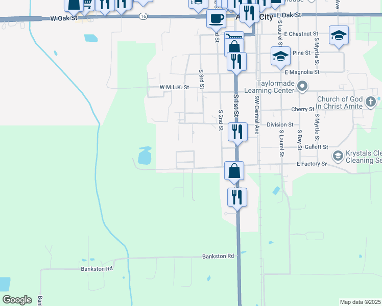 map of restaurants, bars, coffee shops, grocery stores, and more near 406 North Cross Creek in Amite City