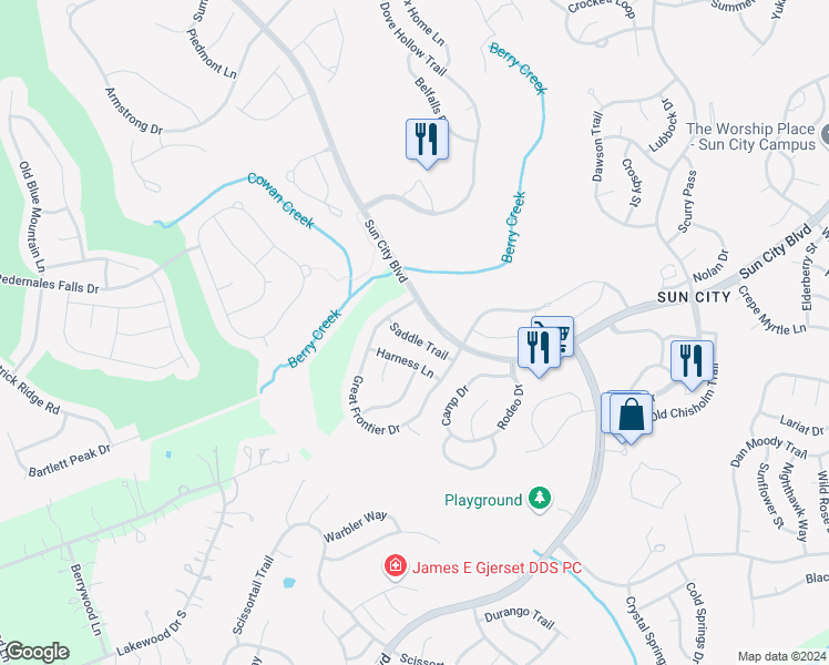 map of restaurants, bars, coffee shops, grocery stores, and more near 114 Saddle Trail in Georgetown