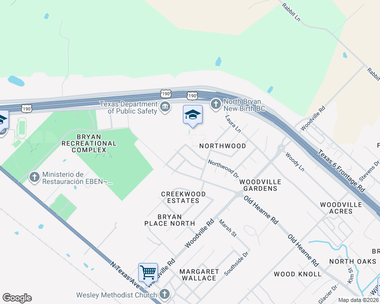 map of restaurants, bars, coffee shops, grocery stores, and more near 4614 Northwood Drive in Bryan