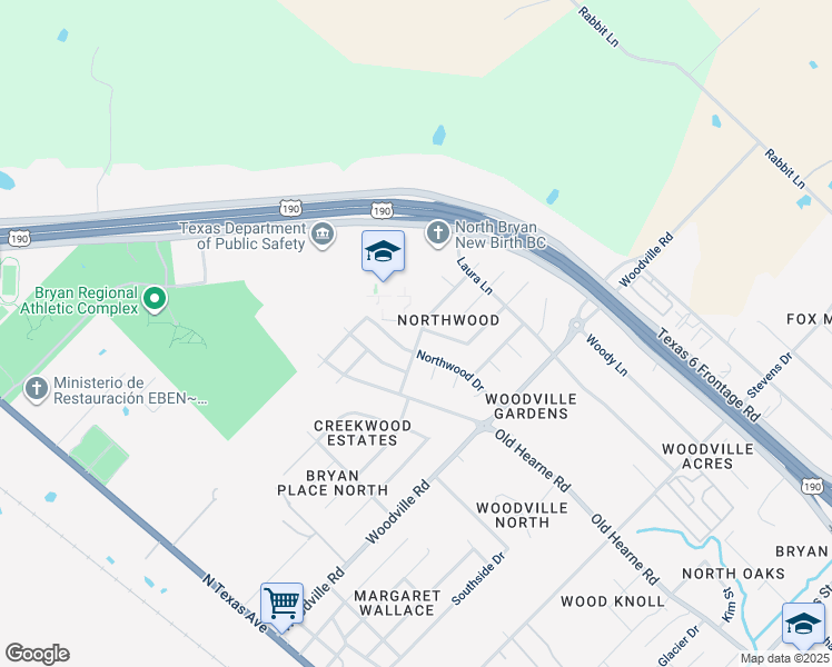 map of restaurants, bars, coffee shops, grocery stores, and more near 3207 Timberline Drive in Bryan