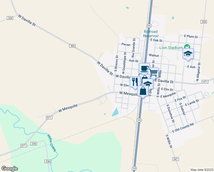 map of restaurants, bars, coffee shops, grocery stores, and more near Pecus Road in Granger