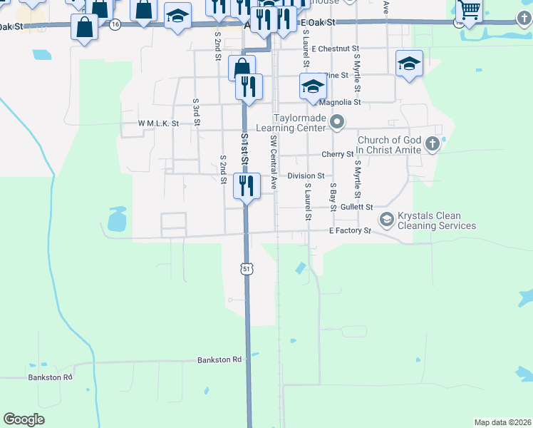 map of restaurants, bars, coffee shops, grocery stores, and more near 102 Gullett Street in Amite City