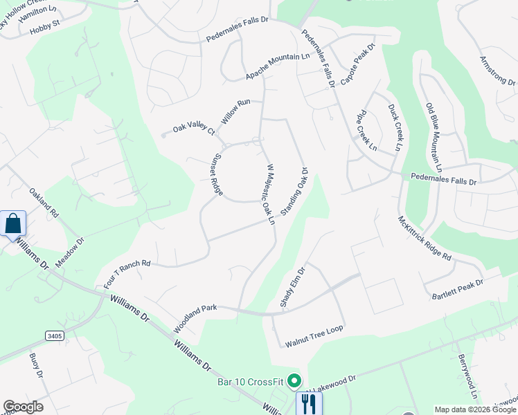 map of restaurants, bars, coffee shops, grocery stores, and more near 101 West Majestic Oak Lane in Georgetown
