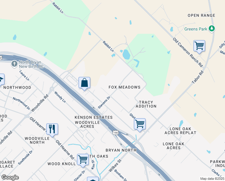 map of restaurants, bars, coffee shops, grocery stores, and more near 3604 Stevens Drive in Bryan