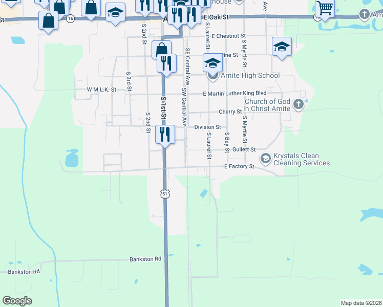 map of restaurants, bars, coffee shops, grocery stores, and more near 102 Gullett Street in Amite City