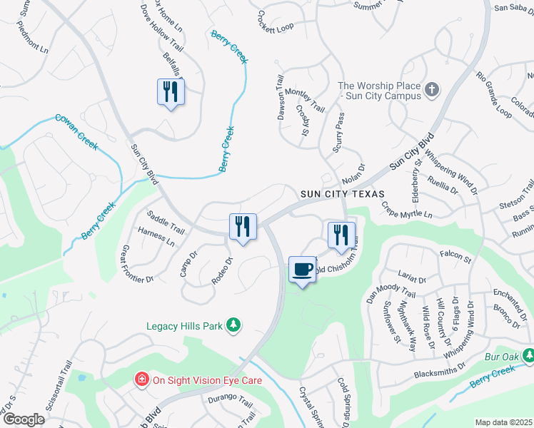 map of restaurants, bars, coffee shops, grocery stores, and more near 116 Big Sky Trail in Georgetown