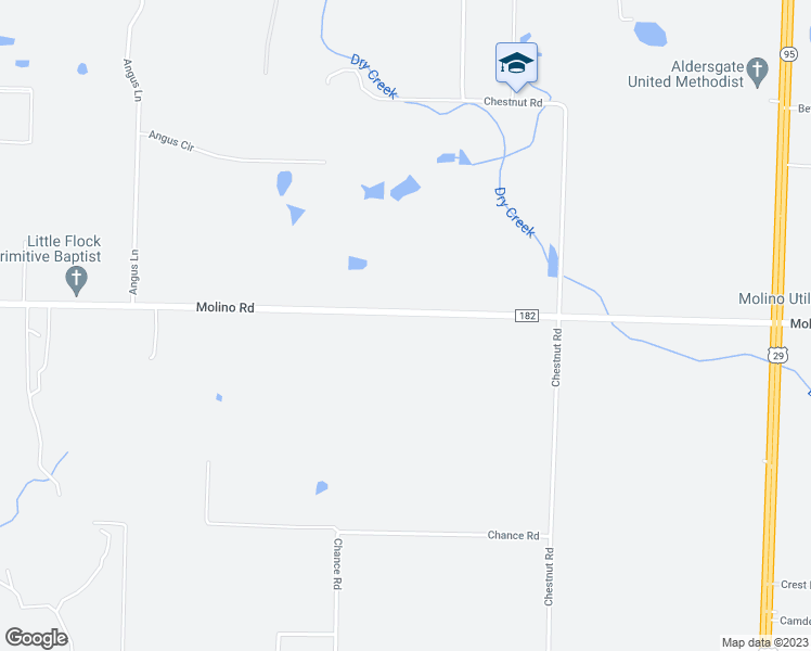 map of restaurants, bars, coffee shops, grocery stores, and more near 2529 Molino Road in Molino