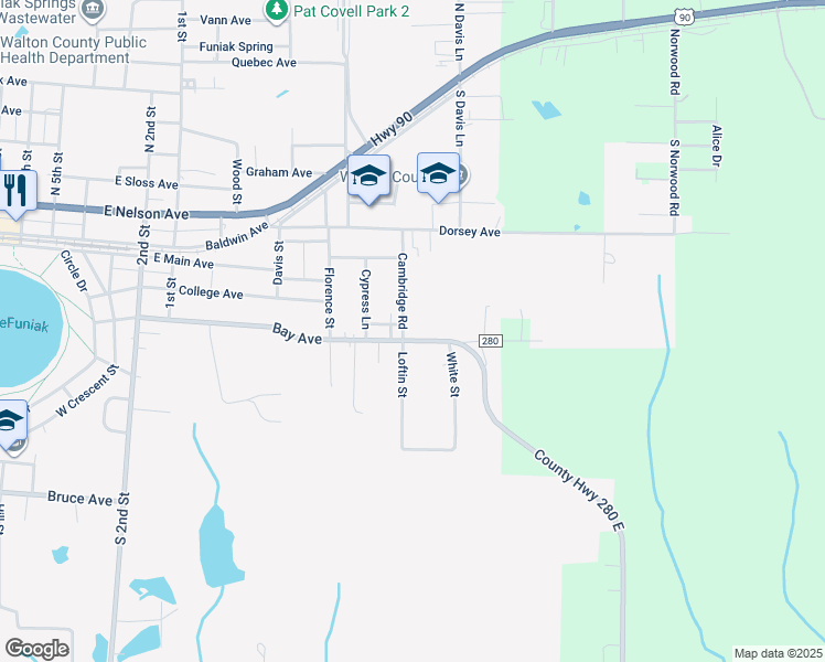 map of restaurants, bars, coffee shops, grocery stores, and more near 735 Bay Avenue in DeFuniak Springs