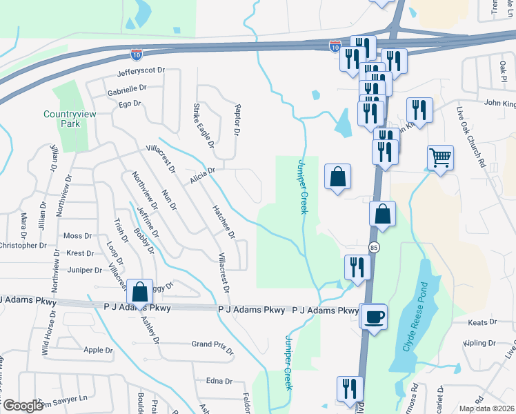 map of restaurants, bars, coffee shops, grocery stores, and more near 124 Alicia Drive in Crestview