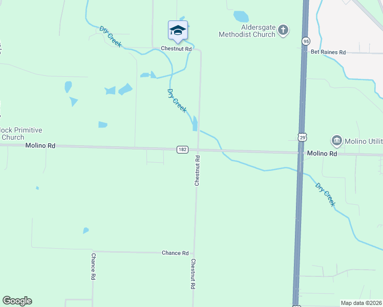 map of restaurants, bars, coffee shops, grocery stores, and more near 6475 Chestnut Road in Molino