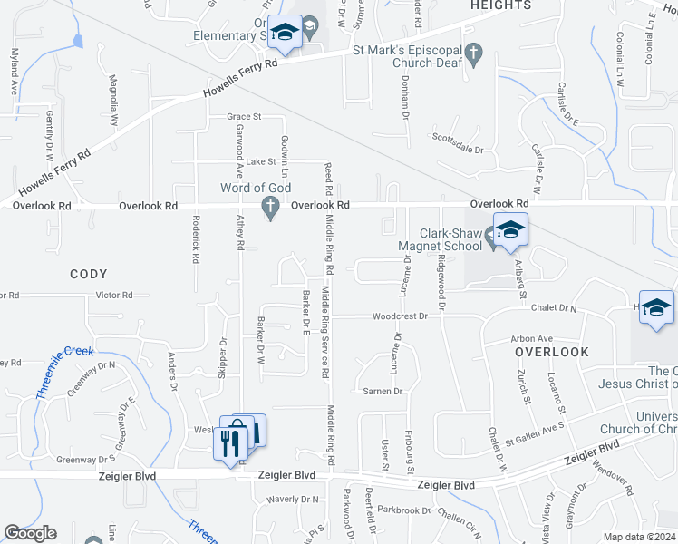 map of restaurants, bars, coffee shops, grocery stores, and more near 1348 Middle Ring Road in Mobile