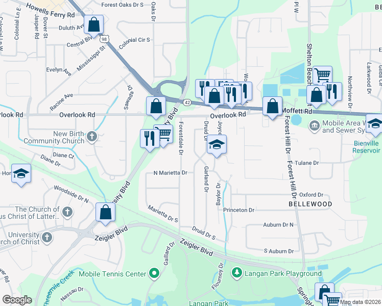 map of restaurants, bars, coffee shops, grocery stores, and more near 1409 Garland Drive in Mobile