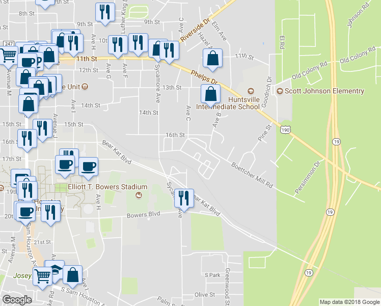 map of restaurants, bars, coffee shops, grocery stores, and more near 1615 16th Street in Huntsville