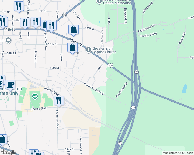 map of restaurants, bars, coffee shops, grocery stores, and more near 1527 Pine Street in Huntsville
