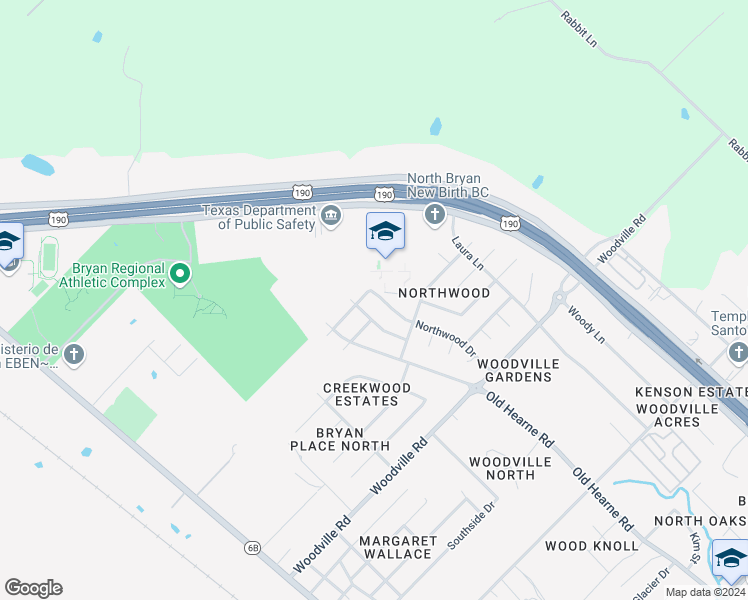 map of restaurants, bars, coffee shops, grocery stores, and more near 4618 Northwood Drive in Bryan