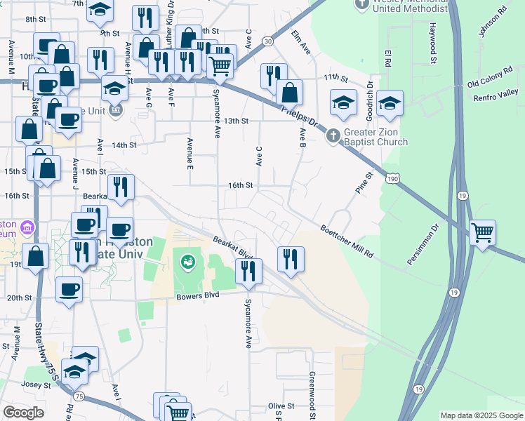 map of restaurants, bars, coffee shops, grocery stores, and more near 1615 16th Street in Huntsville