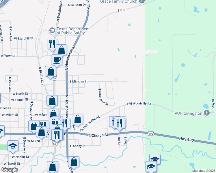 map of restaurants, bars, coffee shops, grocery stores, and more near 1205 Brinwood Place in Livingston