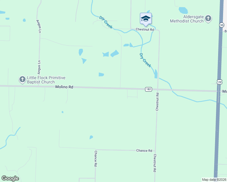 map of restaurants, bars, coffee shops, grocery stores, and more near 2529 Molino Road in Molino